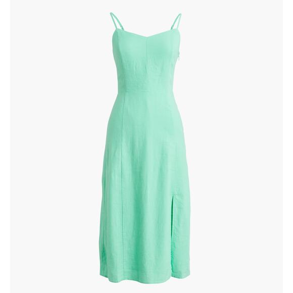 J.Crew Linen Blend Slip Midi Dress Mint Blue Slit Colorful Adjustable US 0 NWT - Picture 1 of 12